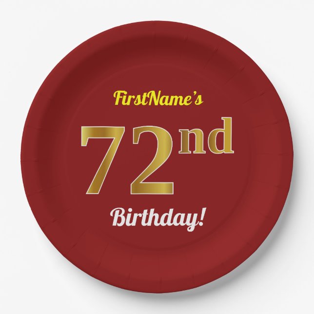 Red, Faux Gold 72nd Birthday + Custom Name Paper Plate (Front)