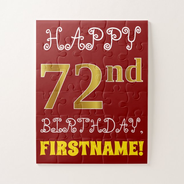Red, Faux Gold 72nd Birthday + Custom Name Puzzle (Vertical)