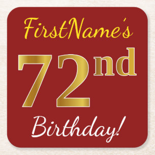 Red, Faux Gold 72nd Birthday + Custom Name Square Paper Coaster