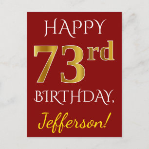 Red, Faux Gold 73rd Birthday + Custom Name Postcard