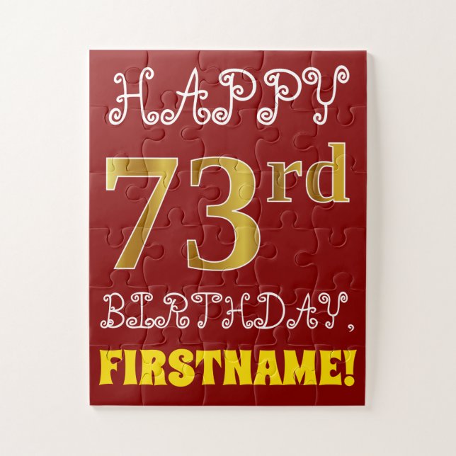 Red, Faux Gold 73rd Birthday + Custom Name Puzzle (Vertical)