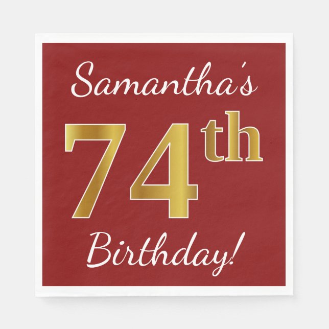 Red, Faux Gold 74th Birthday + Custom Name Napkin (Front)