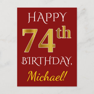 Red, Faux Gold 74th Birthday + Custom Name Postcard