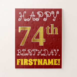 Red, Faux Gold 74th Birthday + Custom Name Puzzle