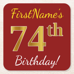 Red, Faux Gold 74th Birthday + Custom Name Square Paper Coaster
