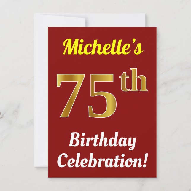 Red, Faux Gold 75th Birthday Celebration + Name Invitation (Front)