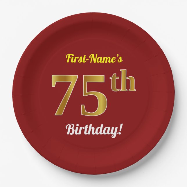 Red, Faux Gold 75th Birthday + Custom Name Paper Plate (Front)