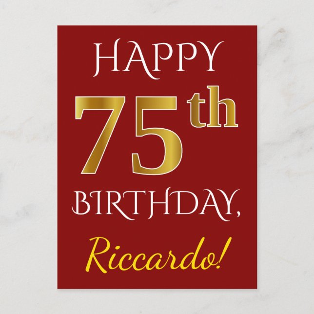 Red, Faux Gold 75th Birthday + Custom Name Postcard (Front)