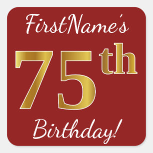 Red, Faux Gold 75th Birthday + Custom Name Sticker