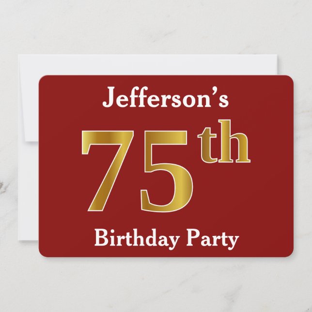 Red, Faux Gold 75th Birthday Party + Custom Name Invitation (Front)