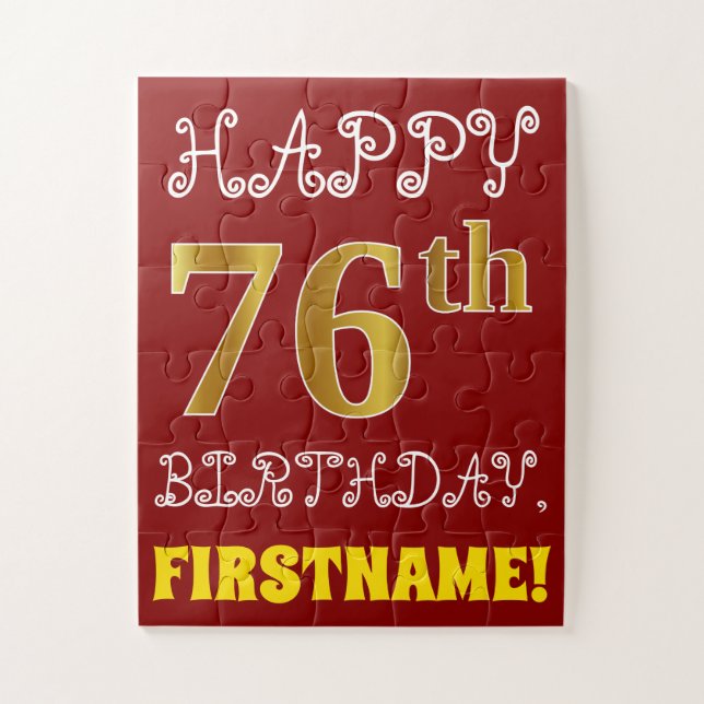 Red, Faux Gold 76th Birthday + Custom Name Puzzle (Vertical)