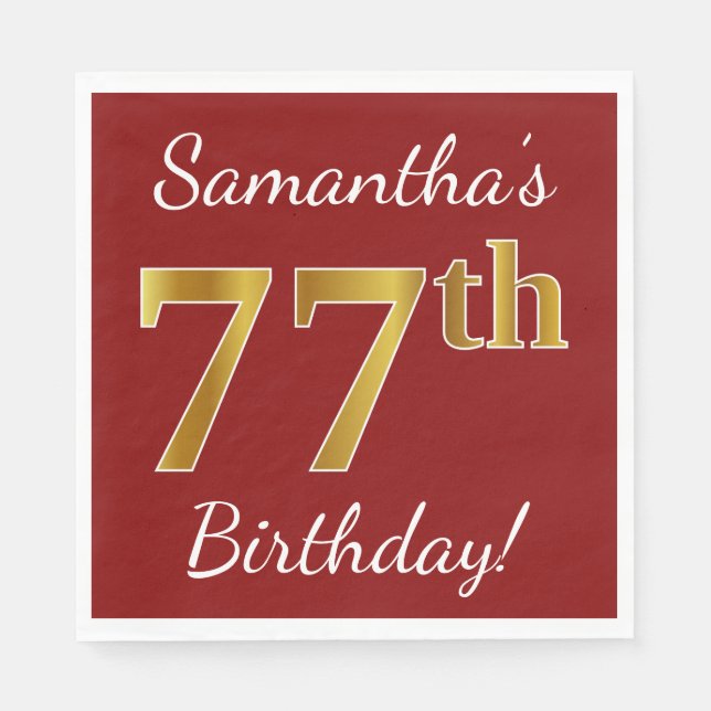 Red, Faux Gold 77th Birthday + Custom Name Napkin (Front)