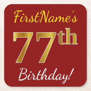 Red, Faux Gold 77th Birthday + Custom Name Square Paper Coaster
