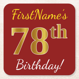 Red, Faux Gold 78th Birthday + Custom Name Square Paper Coaster