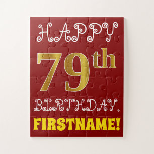 Red, Faux Gold 79th Birthday + Custom Name Puzzle