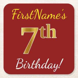 Red, Faux Gold 7th Birthday + Custom Name Square Paper Coaster
