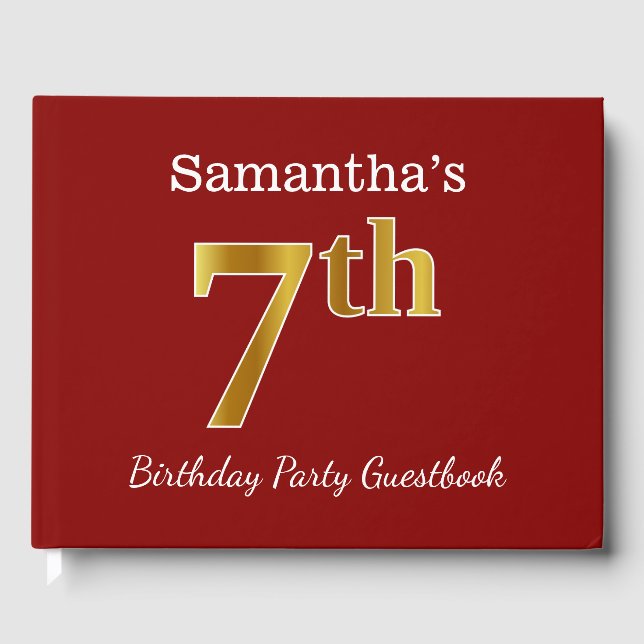 Red, Faux Gold 7th Birthday Party + Custom Name Guest Book (Front)