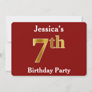 Red, Faux Gold 7th Birthday Party + Custom Name Invitation