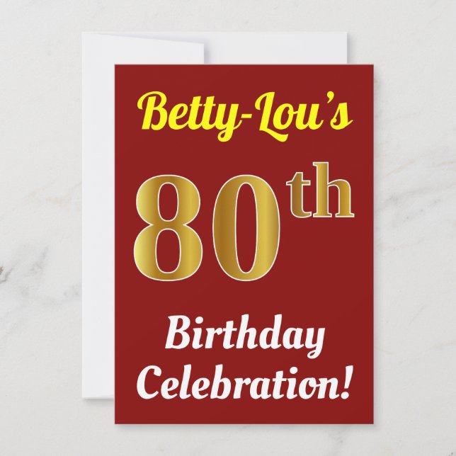 Red, Faux Gold 80th Birthday Celebration + Name Invitation (Front)