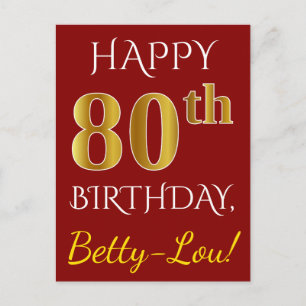 Red, Faux Gold 80th Birthday + Custom Name Postcard
