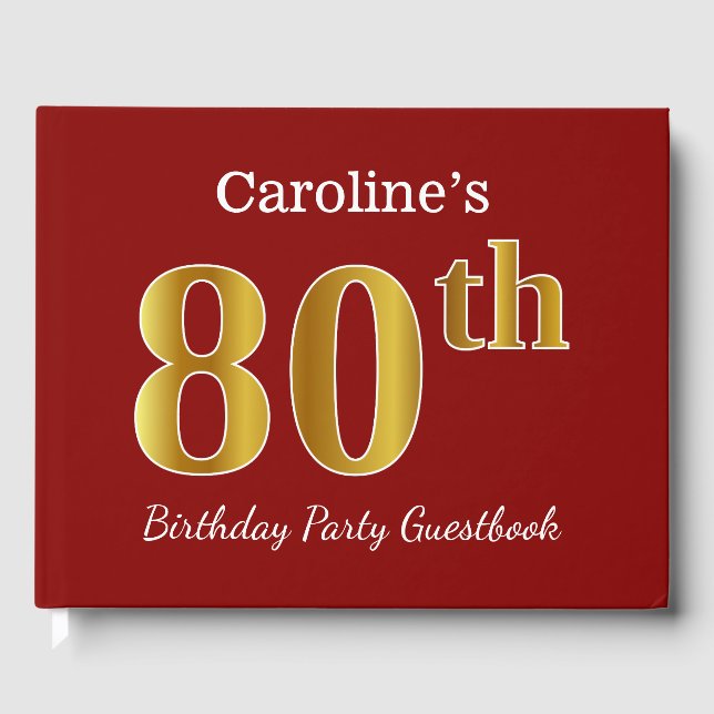 Red, Faux Gold 80th Birthday Party + Custom Name Guest Book (Front)