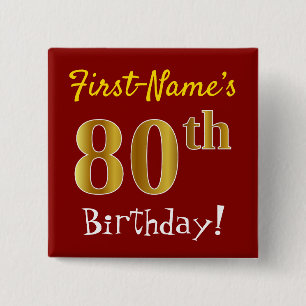 Red, Faux Gold 80th Birthday, With Custom Name 15 Cm Square Badge