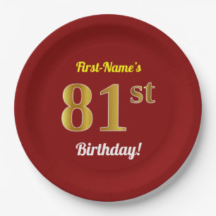 Red, Faux Gold 81st Birthday + Custom Name Paper Plate