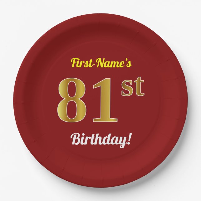 Red, Faux Gold 81st Birthday + Custom Name Paper Plate (Front)