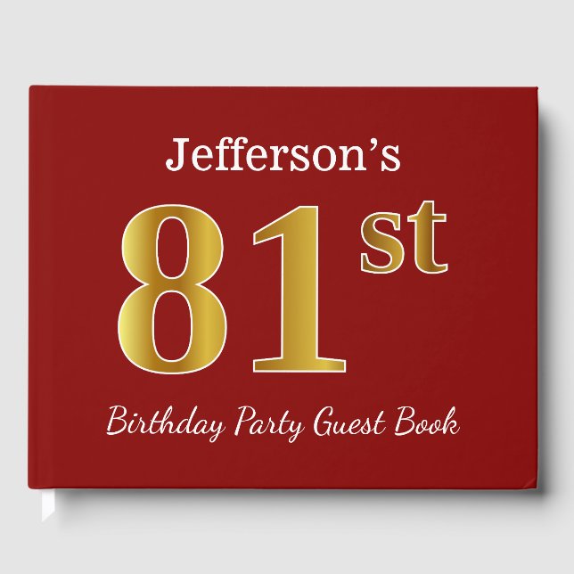 Red, Faux Gold 81st Birthday Party + Custom Name Guest Book (Front)