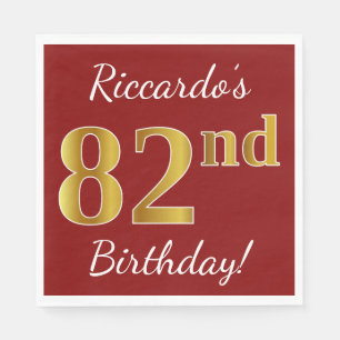 Red, Faux Gold 82nd Birthday + Custom Name Napkin