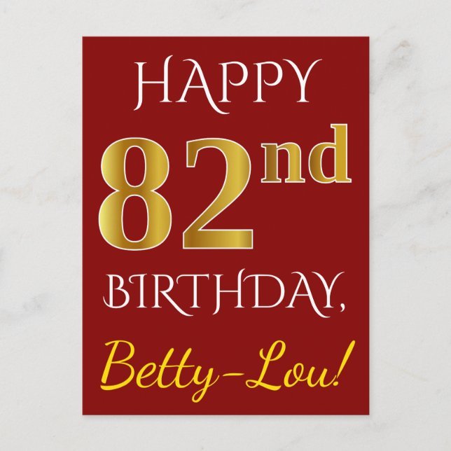 Red, Faux Gold 82nd Birthday + Custom Name Postcard (Front)