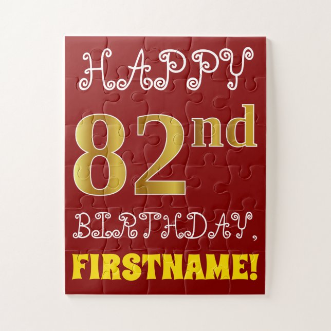 Red, Faux Gold 82nd Birthday + Custom Name Puzzle (Vertical)
