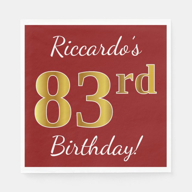 Red, Faux Gold 83rd Birthday + Custom Name Napkin (Front)