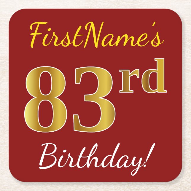 Red, Faux Gold 83rd Birthday + Custom Name Square Paper Coaster (Front)
