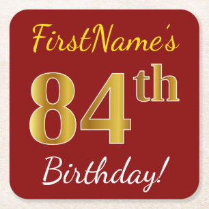 Red, Faux Gold 84th Birthday + Custom Name Square Paper Coaster