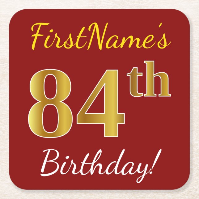 Red, Faux Gold 84th Birthday + Custom Name Square Paper Coaster (Front)