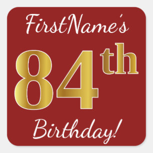 Red, Faux Gold 84th Birthday + Custom Name Sticker