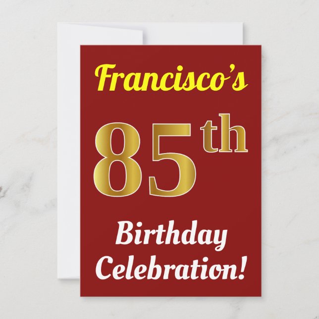 Red, Faux Gold 85th Birthday Celebration + Name Invitation (Front)