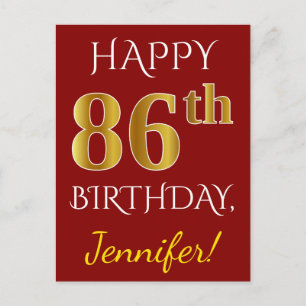 Red, Faux Gold 86th Birthday + Custom Name Postcard