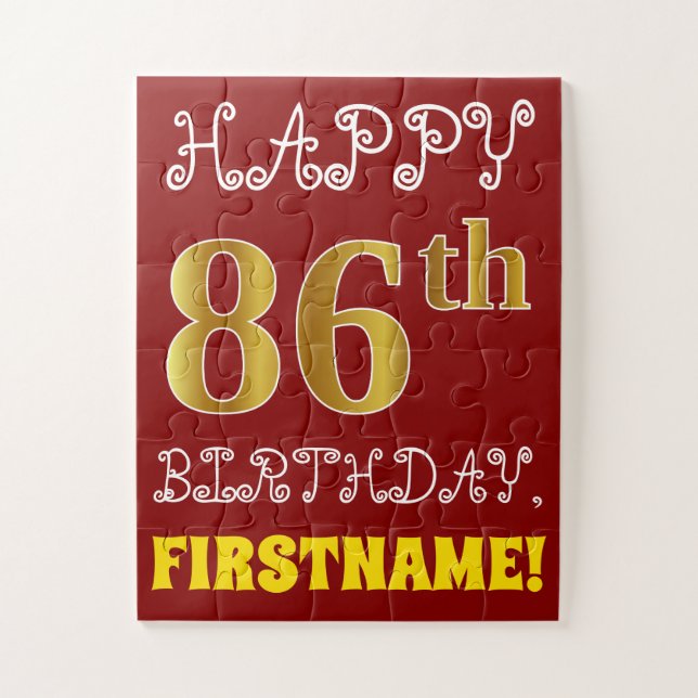 Red, Faux Gold 86th Birthday + Custom Name Puzzle (Vertical)