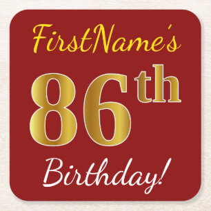 Red, Faux Gold 86th Birthday + Custom Name Square Paper Coaster