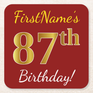 Red, Faux Gold 87th Birthday + Custom Name Square Paper Coaster