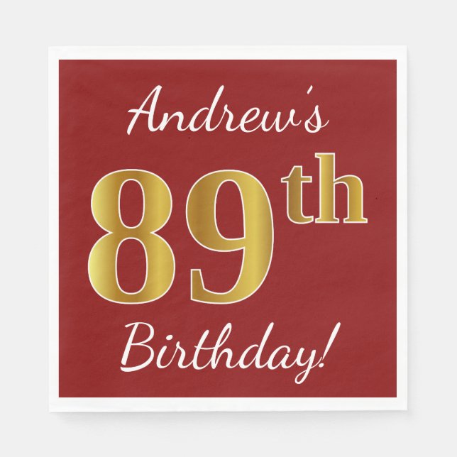 Red, Faux Gold 89th Birthday + Custom Name Napkin (Front)