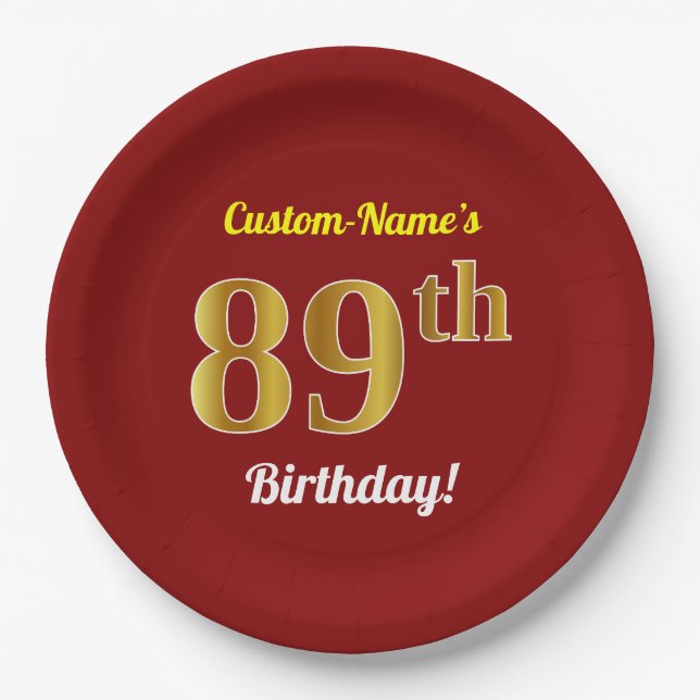Red, Faux Gold 89th Birthday + Custom Name Paper Plate (Front)
