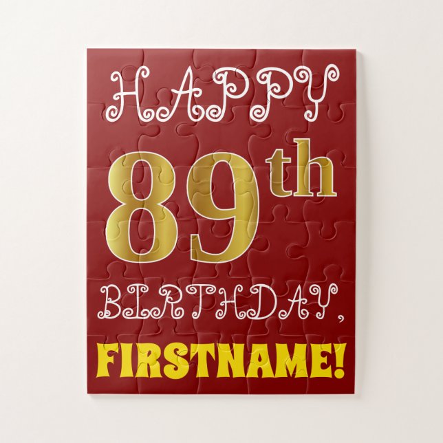 Red, Faux Gold 89th Birthday + Custom Name Puzzle (Vertical)