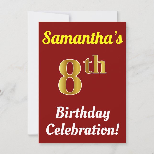 Red, Faux Gold 8th Birthday Celebration + Name Invitation (Front)