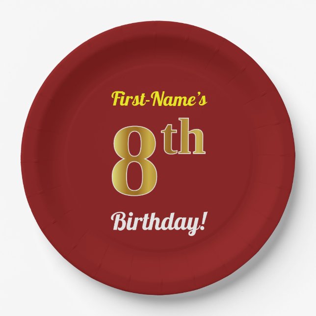 Red, Faux Gold 8th Birthday + Custom Name Paper Plate (Front)