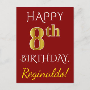 Red, Faux Gold 8th Birthday + Custom Name Postcard