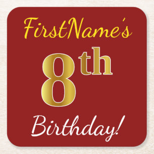Red, Faux Gold 8th Birthday + Custom Name Square Paper Coaster