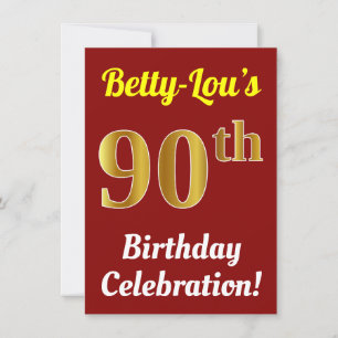 Red, Faux Gold 90th Birthday Celebration + Name Invitation